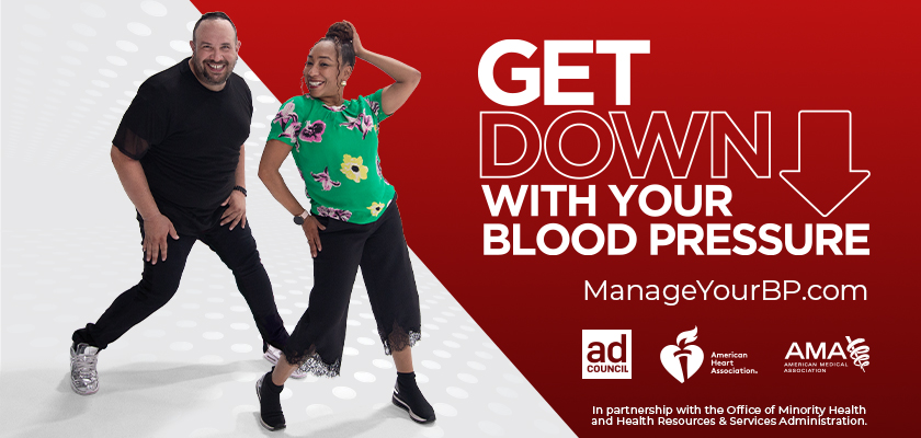 Man and woman dancing next to the words Get Down with Your Blood Pressure